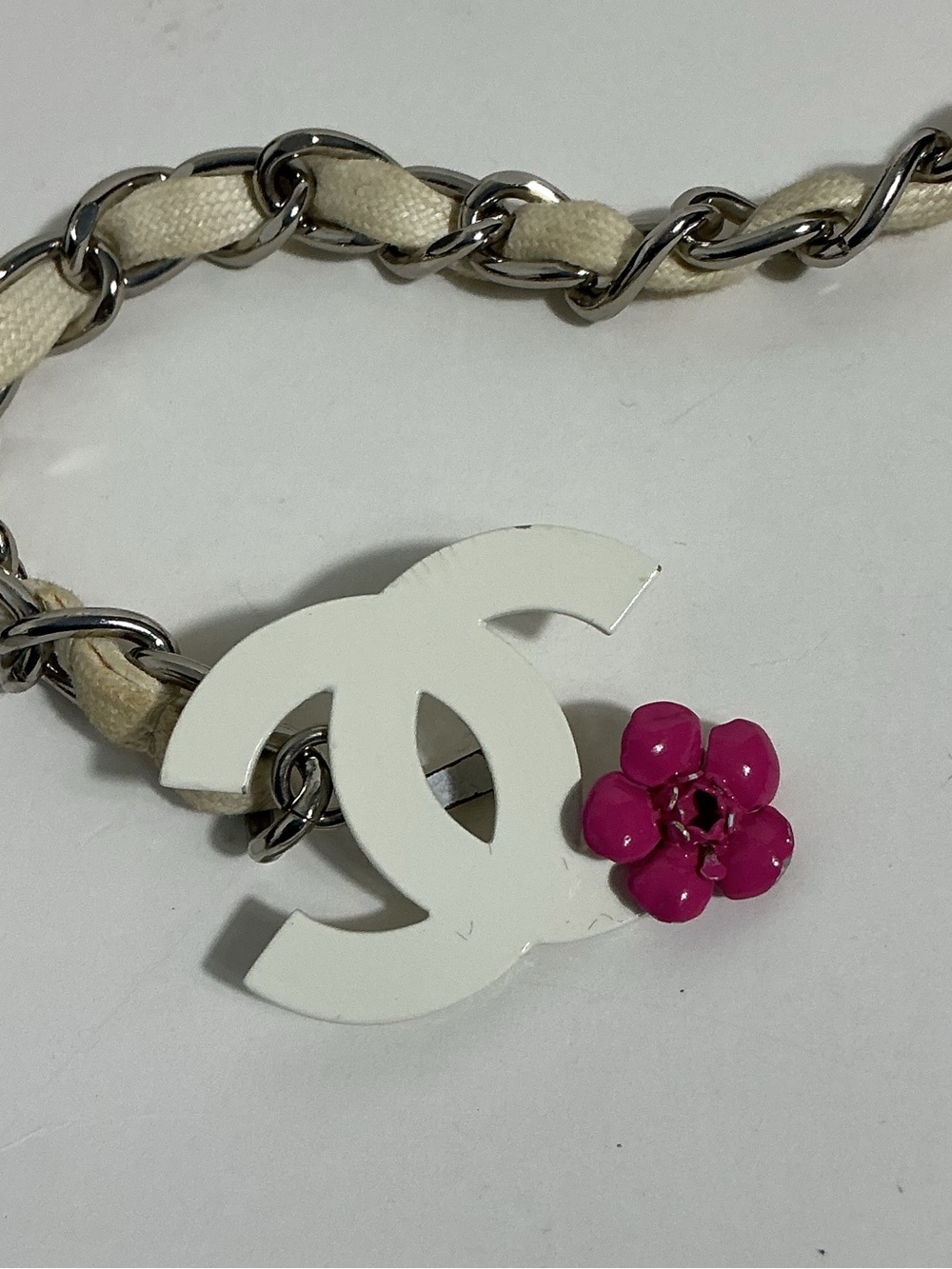 Chanel Chain Link CC Belt Pink Camellia Silver Tone 2004 Vintage - Picture 7 of 10